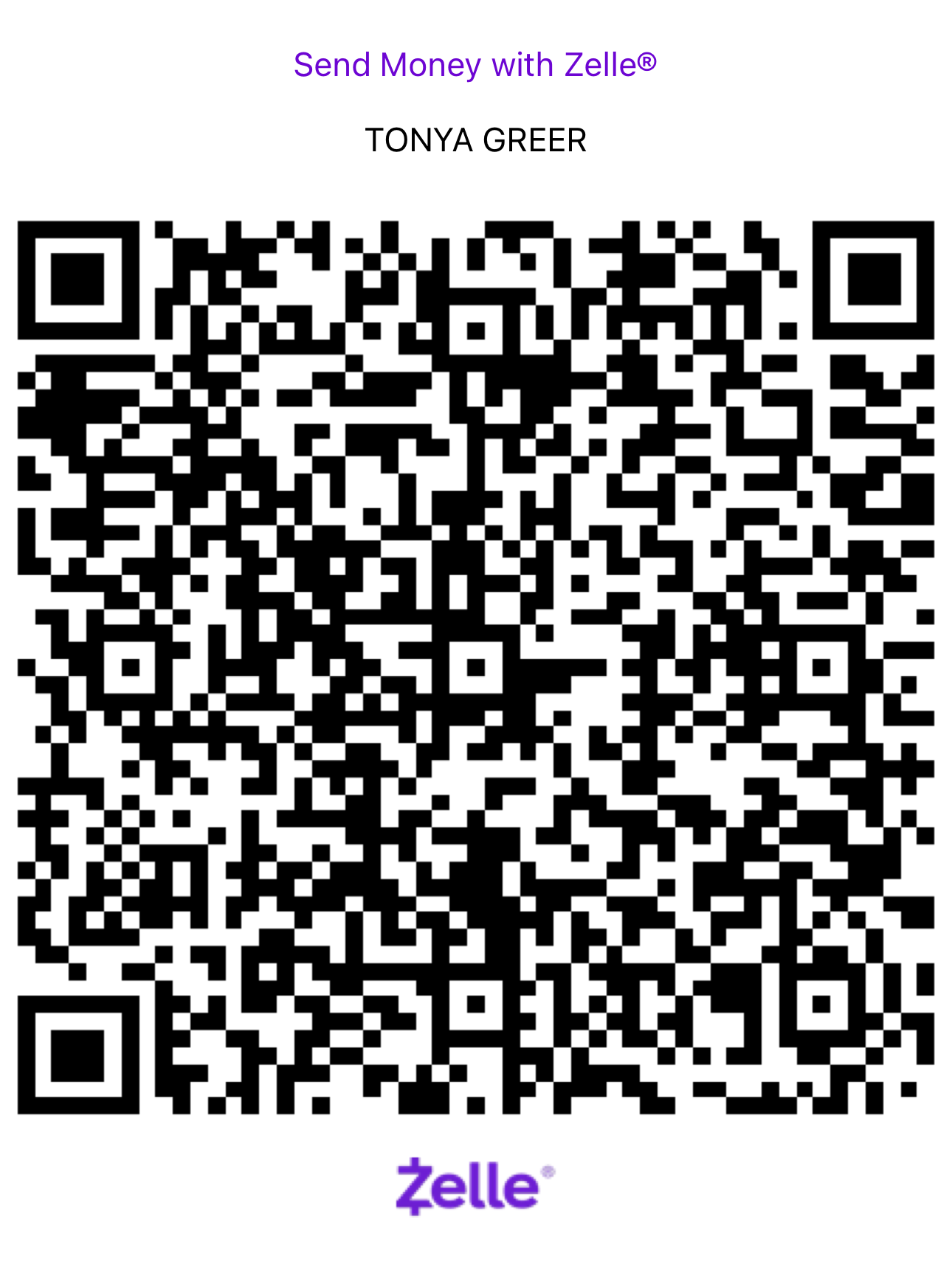 Zelle QR code to pay Tonya Greer