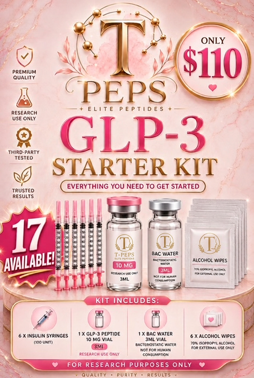 T-PEPS GLP-3 Starter Kit — includes 1 GLP-3 10mg peptide vial, 1 BAC Water 3mL vial, 6 insulin syringes, and 6 alcohol wipes for research purposes only